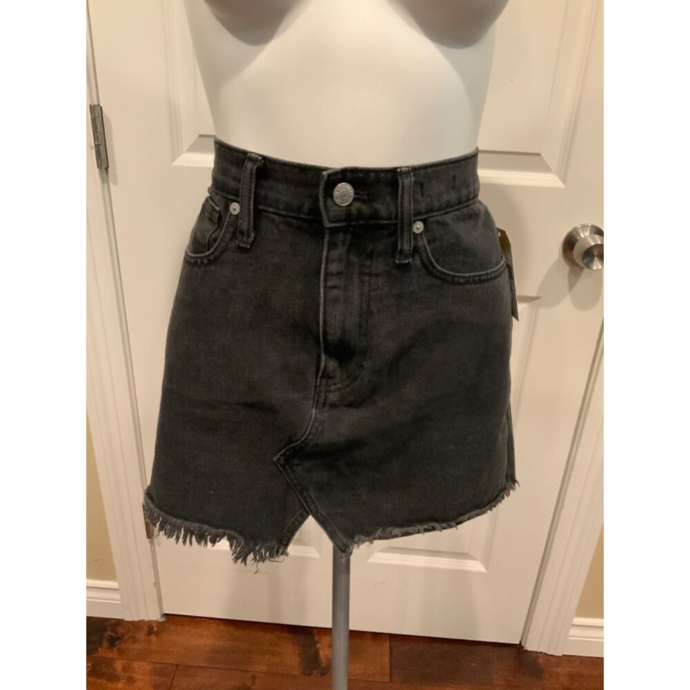 Madewell Black Distressed Denim Rigid A-Line Mini Skirt, Size 27